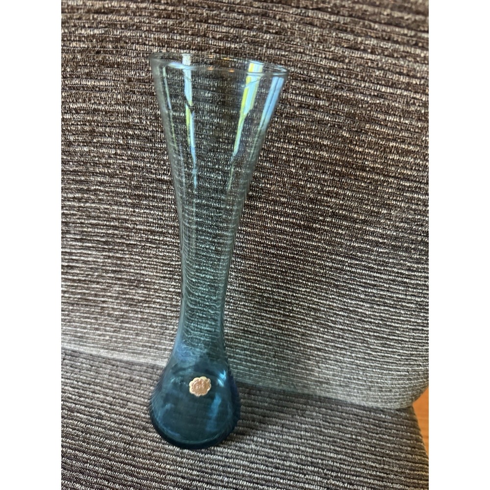 Vintage Empoli Italy Teal Blue Glass Bud Vase MCM‎ 10" Hand Blown w/ Gold Label